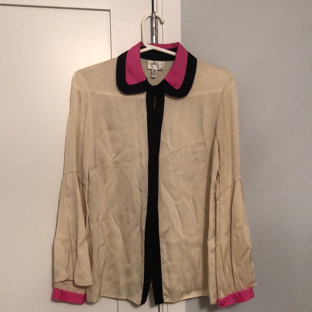 Milly Cream Silk Button Blouse with Black and Neon Pink Accents. Bold Big Sleeve
